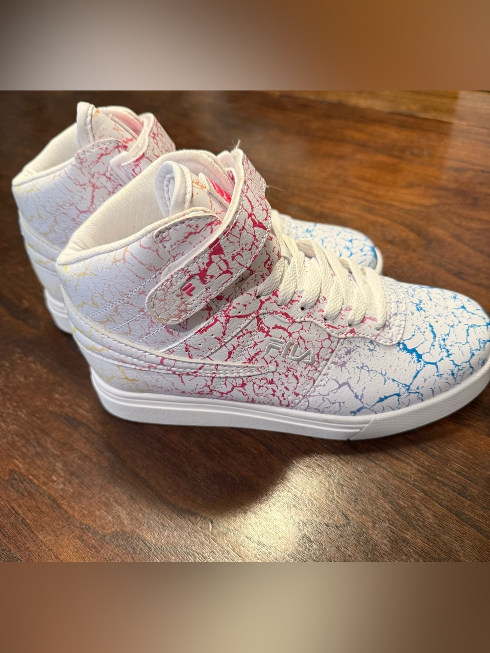 FILA Vulc 13 Marble All Over Kids High Top Sneakers White Pink Blue Yellow US 4